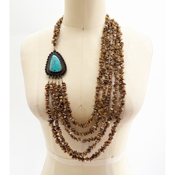 Multi-Strand Necklace Turquoise Pendant chip-style beads - Picture 1 of 5